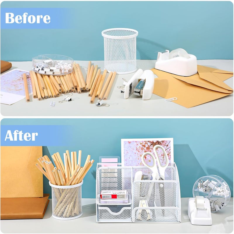 AuraRay 11 in 1 Desk Organizers and Accessories - White Office Supplies - Includes White Stapler, Tape Dispenser, Pen Holder, Staple Remover, Clips, Ruler, Scissors, Tapes, Tabs - Image 5